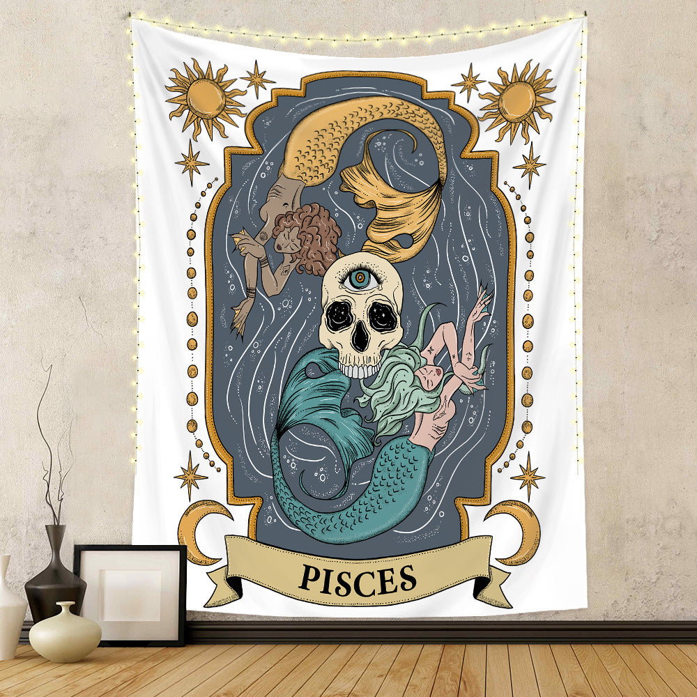 Astrology home decor tapestry featuring intricate Pisces design with mermaids and skull