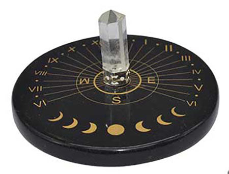 Wolf Moon Azure black agate sun clock table with clear quartz point and gold moon phases