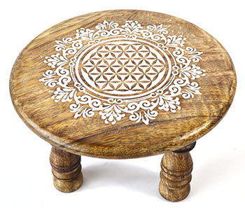 Wolf Moon Azure round wooden flower of life altar table with white mandala carving and three legs