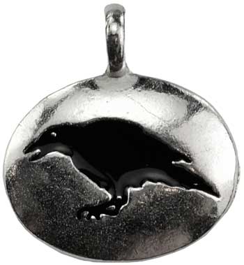 Wolf Moon Azure silver oval pendant with black raven silhouette enamel detail raven totem amulet jewelry