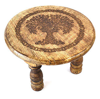 Wolf Moon Azure round wooden tree of life altar table with carved tree motif and rustic three legged design