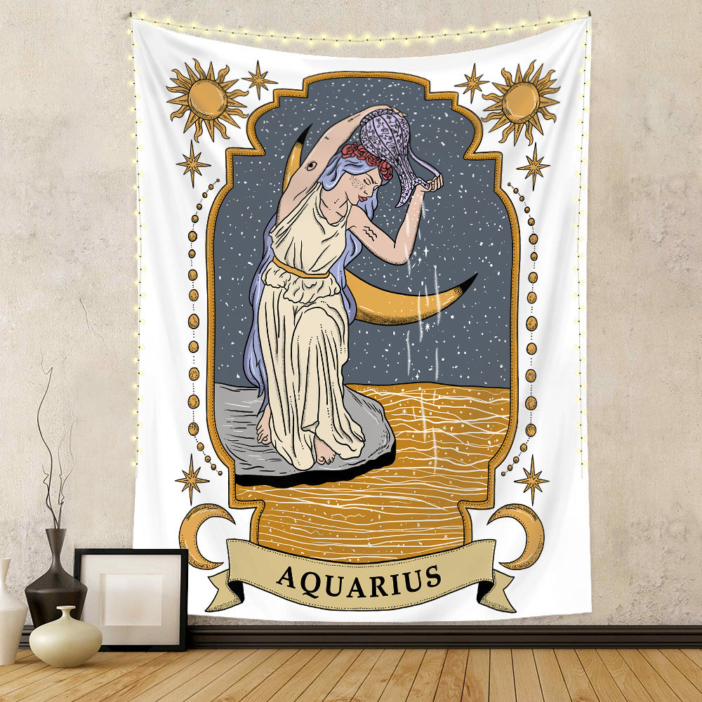 Astrology home decor tapestry featuring an Aquarius design with celestial motifs and vibrant colors