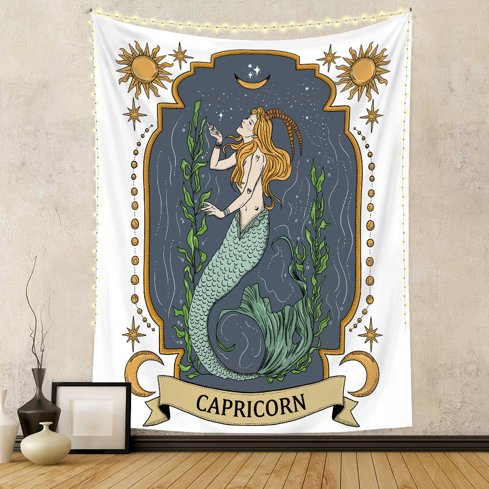 Astrology home decor tapestry featuring a Capricorn mermaid illustration with celestial elements