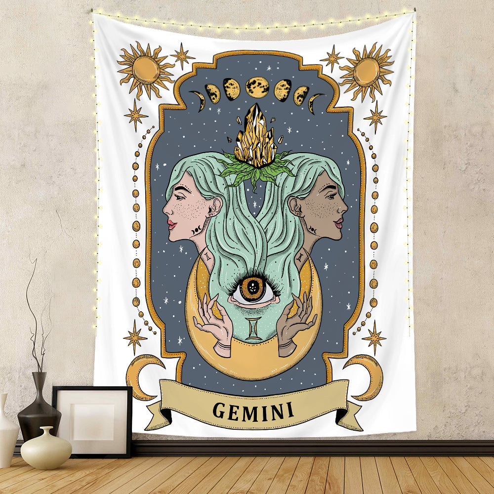 Astrology home decor tapestry featuring Gemini twins with celestial designs and vibrant colors