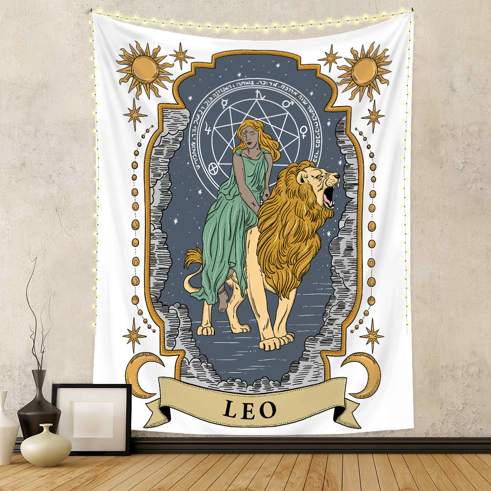 Astrology home decor tapestry featuring Leo zodiac sign with lion and celestial motifs