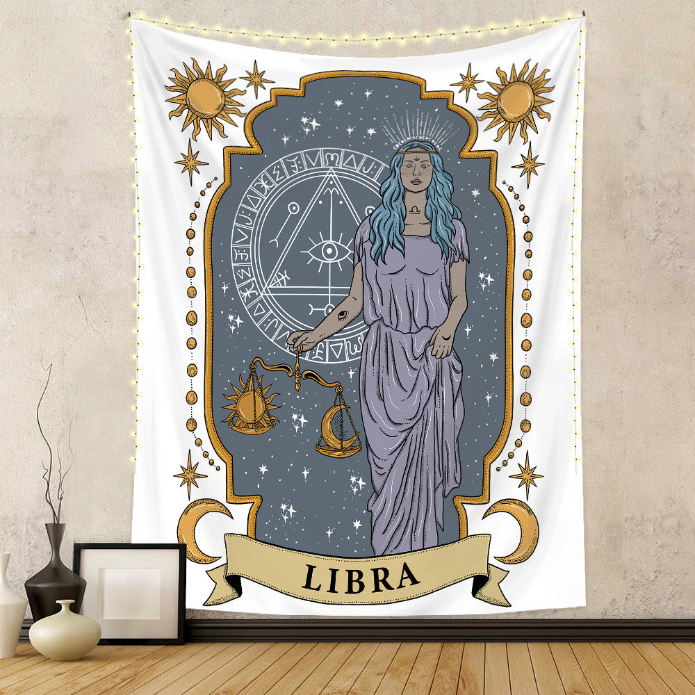 Astrology home decor tapestry featuring a Libra design with scales and celestial elements