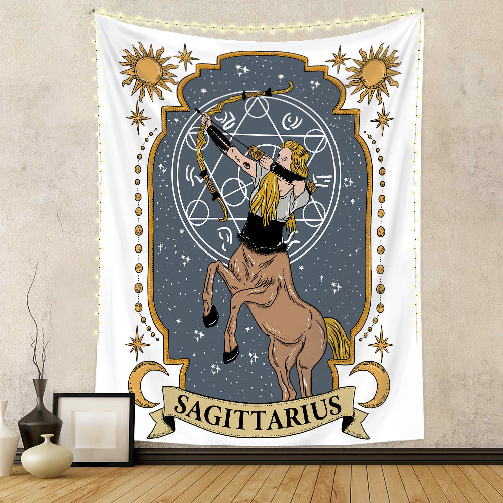 Astrology home decor tapestry featuring Sagittarius with celestial motifs and a bow and arrow design