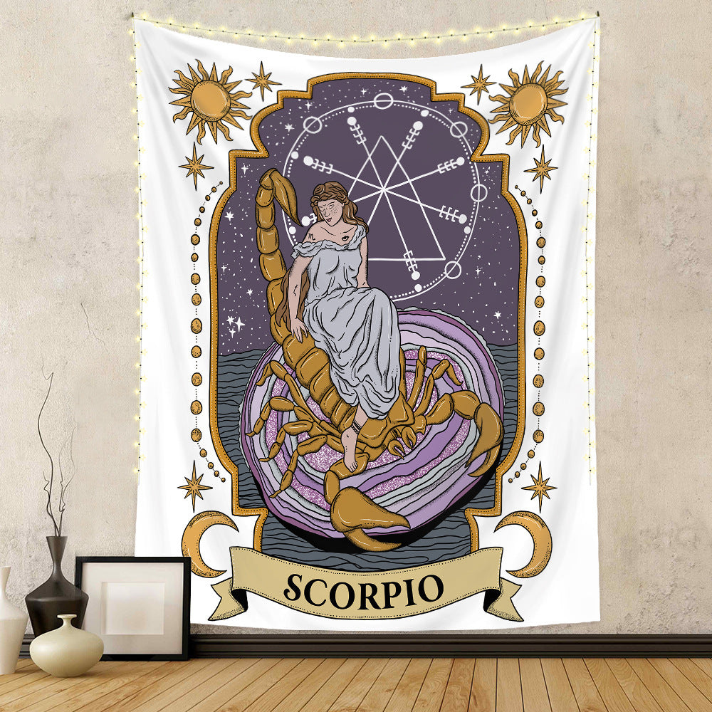 Scorpio astrology home decor tapestry featuring a goddess on a scorpion with celestial designs
