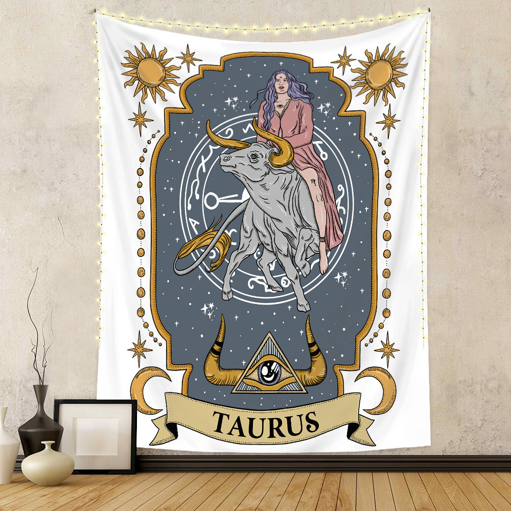 Astrology home decor tapestry featuring Taurus zodiac sign with a rider on a bull and celestial designs