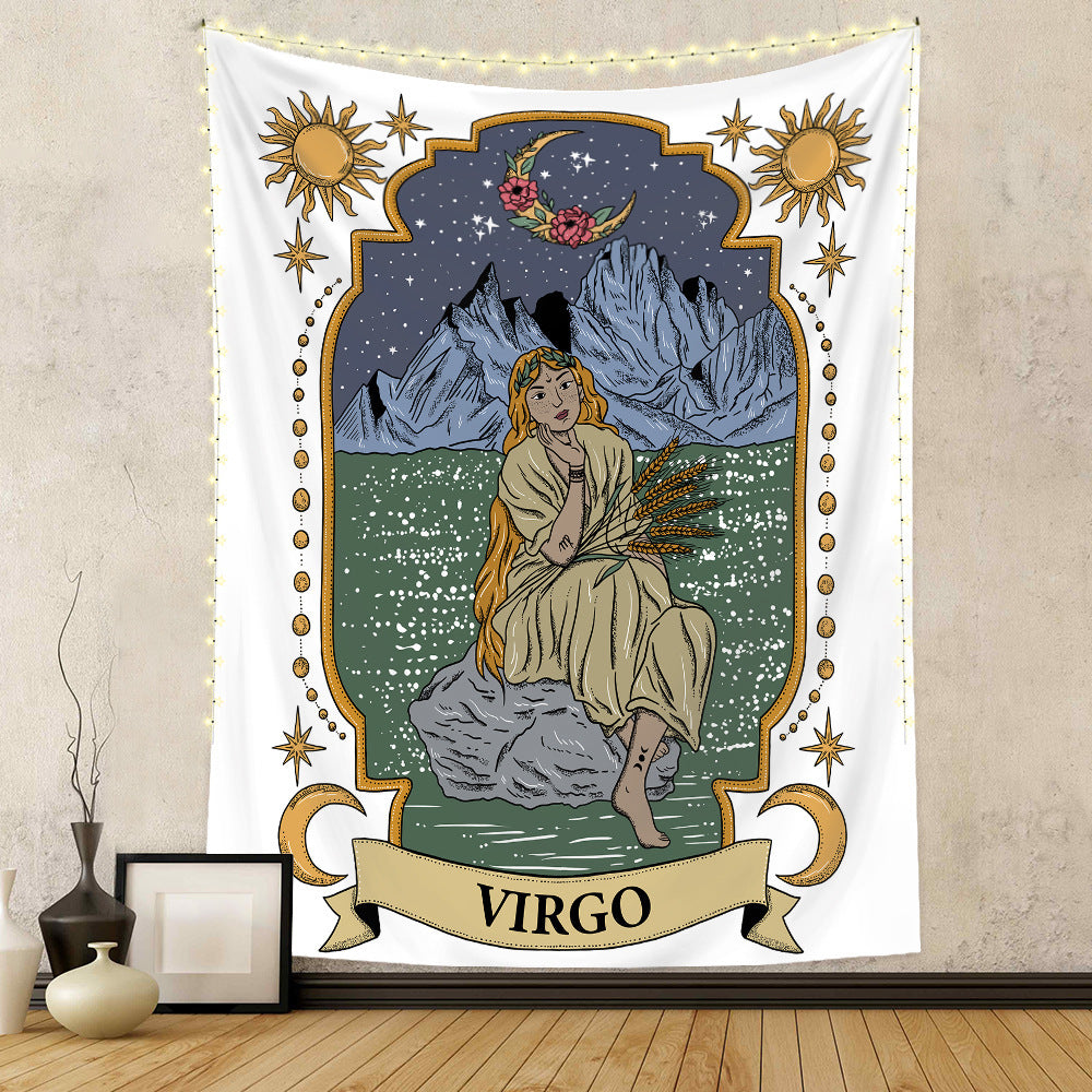 Astrology home decor tapestry featuring a Virgo woman by the water with stars and mountains