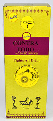 Contra Todo incense sticks box in yellow with details about fighting all evil