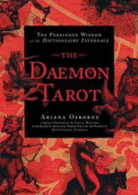 Daemon Tarot kit by Wolf Moon Azure featuring The Daemon Tarot book cover with dark red and black mystical artwork