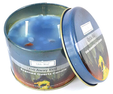 Go Away Evil quartz candle with blue wax in a metal tin container from Wolfmoon store