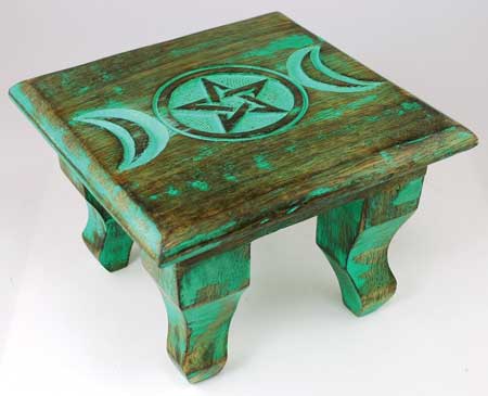 Wolf Moon Azure triple moon altar table in distressed teal wood with carved pentagram and curved legs