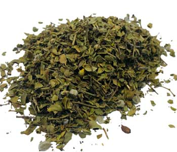 Wolf Moon Azure Chaparral Leaf Cut 2oz in a pile of dried, green herb leaves for natural remedies