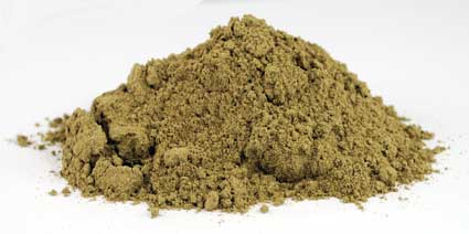 Finely ground horny goat weed powder from Wolf Moon Azure in a natural green hue
