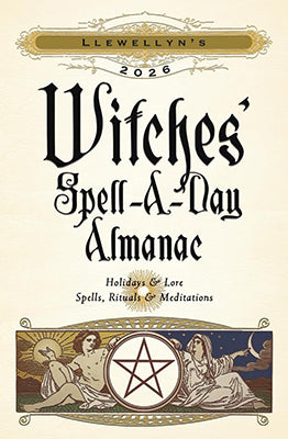 2026 Witches Spell A Day Almanac book cover by Wolf Moon Azure vintage illustration with pentagram and figures