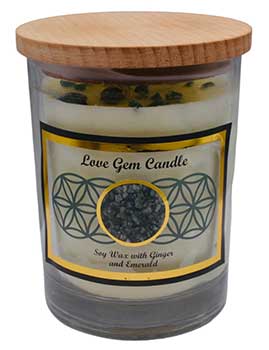 Love gemstone soy candle in clear glass jar with wooden lid featuring gypsum and emerald stones