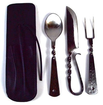 Wolf Moon Azure medieval utensils set forged twisted handle spoon knife and two prong fork with leather pouch