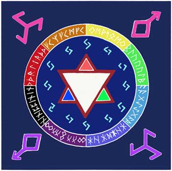 Wolf Moon Azure rune altar cloth navy background with central white interlocking triangle star and rainbow runic circle