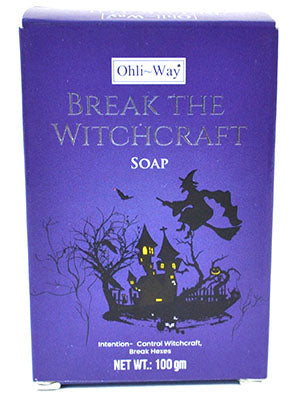 Break the Witchcraft soap in a purple box featuring a witch and a haunted house design