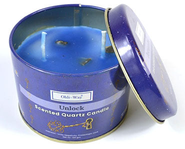 Metaphysical quartz scented candle in a blue tin container with three wicks from Wolfmoon.store