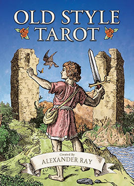 Old Style Tarot deck book cover by Alexander Ray featuring a medieval figure with a sword near ancient ruins