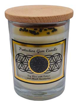 Protection gemstone candle in a glass jar with wooden lid and black tourmaline crystals from Wolfmoon store
