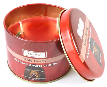 Santa Muerte candle with quartz in a red metal tin by Wolfmoon store scented quartz candle