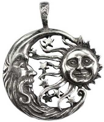 Wolf Moon Azure silver celestial moon sun amulet pendant featuring detailed sun and crescent moon faces with stars