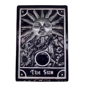Wolf Moon Azure Sun Tarot Incense Burner with detailed sun, horse, and sunflower design in black and silver