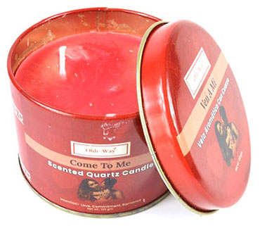 Ven A Mi quartz candle in red tin with come to me scented quartz candle from Wolfmoon store