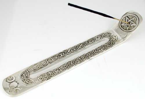 Wolf Moon Azure pentagram and triple moon ash catcher with intricate Celtic design for incense burning