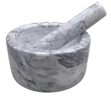 White marble mortar and pestle set for grinding and blending spices and herbs