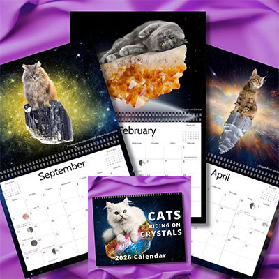 2026 cats riding on crystals calendar featuring colorful cat images and monthly layouts