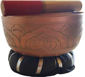 Wolf Moon Azure 6 inch singing bowl for meditation with mallet on a decorative cushion