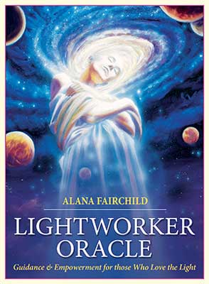 Lightworker Oracle deck book by Alana Fairchild showing an ethereal figure against a cosmic background