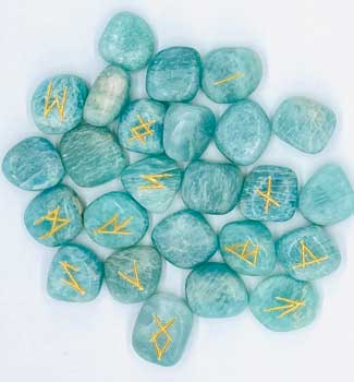 Amazonite rune set with golden symbols, featuring polished turquoise stones for divination