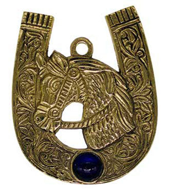 Wolf Moon Azure brass horse shoe amulet pendant with engraved horse head ornate filigree and blue cabochon stone