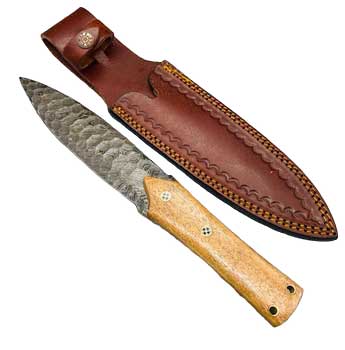Wolf Moon Azure Damascus athame for rituals with patterned Damascus blade light wood handle and stitched leather sheath