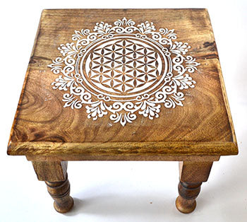 Rustic walnut square table with white mandala carving and turned legs by wolf moon azure flower of life altar table