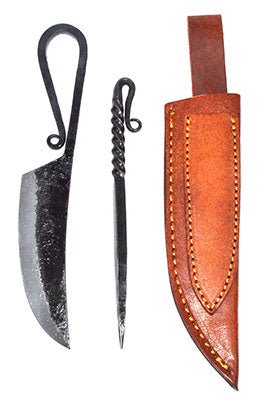 Wolf Moon Azure forged iron knife and twisted skewer with leather sheath medieval feast picker set
