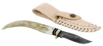 Wolf Moon Azure stag damascus athame with curved patterned blade stag antler handle and leather sheath