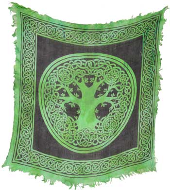 Wolf Moon Azure green Celtic Tree of Life altar cloth with fringed edges and intricate knotwork border