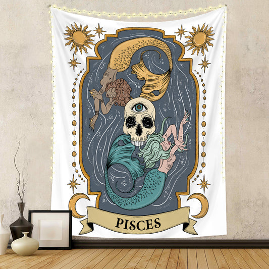 Astrology home decor tapestry featuring a Pisces design with mermaids and a skull motif