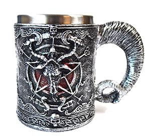 Decorative chalice with Baphomet design featuring a detailed handle and metallic interior. Baphomet mug for sale.