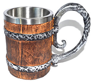 Big brown barrel mug crafted by Wolf Moon Azure featuring a metallic interior and decorative handle