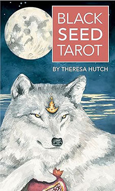 Black Seed tarot deck book cover featuring a white wolf and full moon by Theresa Hutch