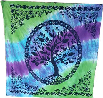 Wolf Moon Azure tree of life altar cloth tie dye green blue purple with black Celtic tree design and corner motifs