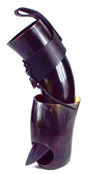 Wolf Moon Azure buffalo horn drinking vessel with intricate design and leather strap for easy use